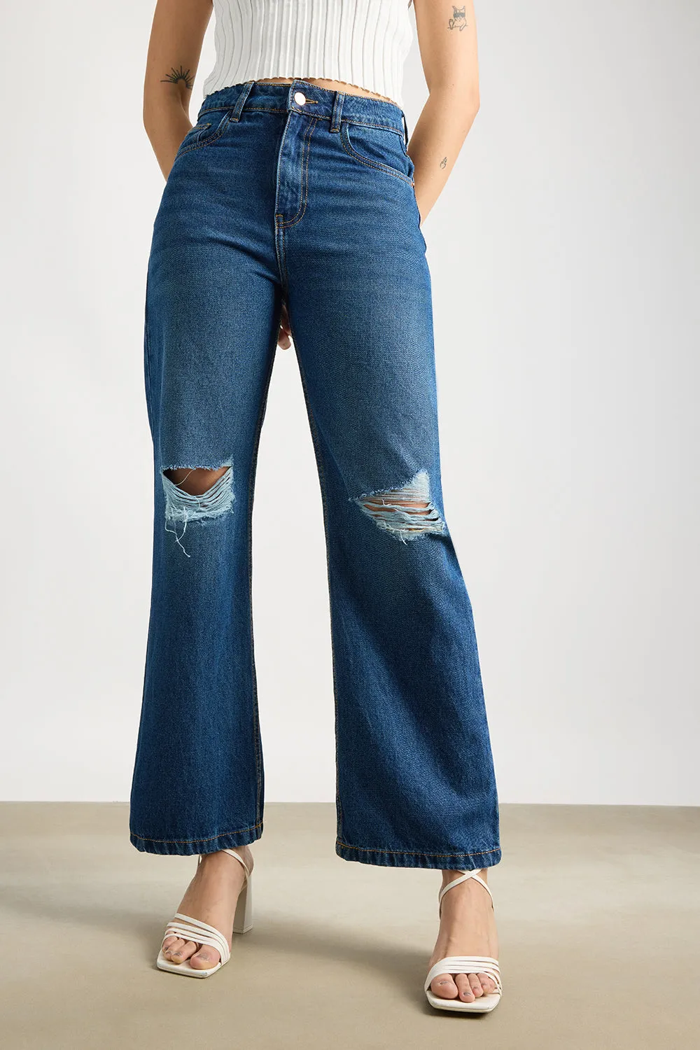 Wide Fit Navy Ripped Denim